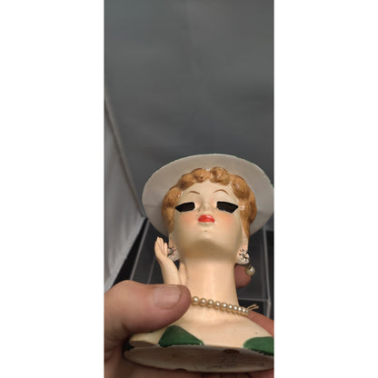 Vintage 1950s Redhead Lady Head Vase Planter Green Hat Collectible Kitsch