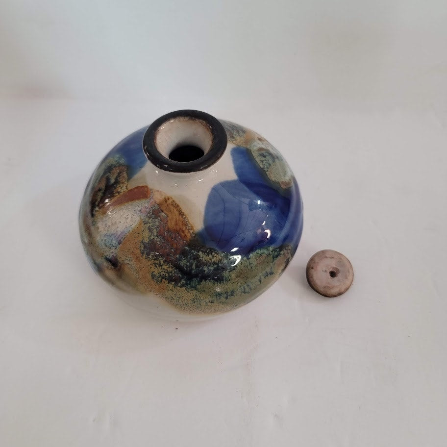 Handmade Round Blue Brown Glaze Swirled Bud Vase / Diffuser Fragrance Artist KS