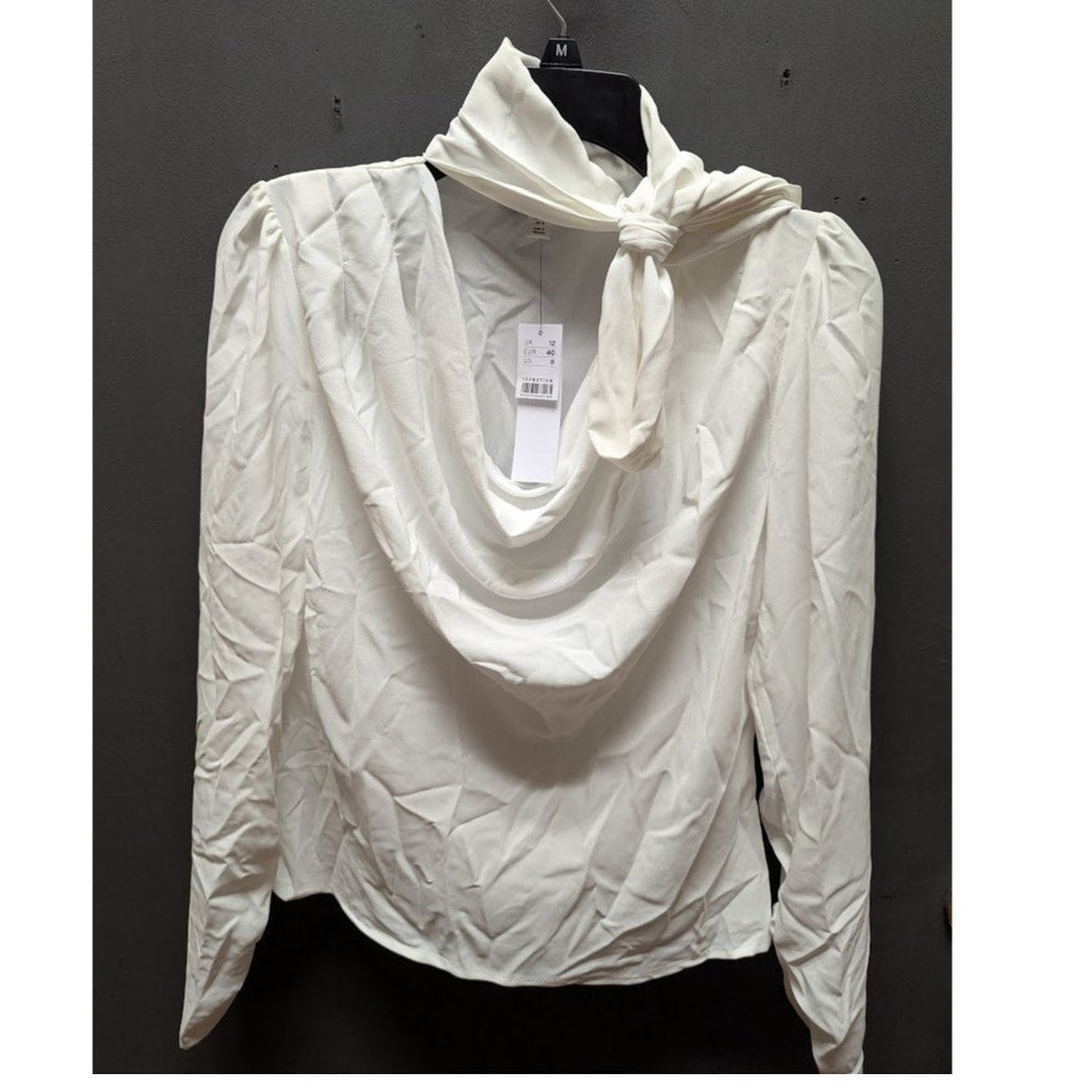 Topshop white blouse long sleeve size 8 bowtie neck NEw career VNeck Drape
