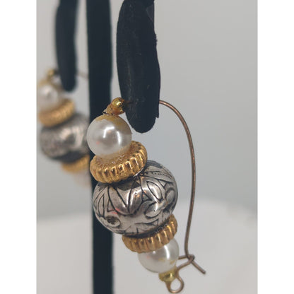 Vintage Ornate Beaded Dangle Earrings Silver Gold Faux Pearl Bohemian Chic
