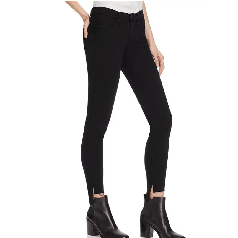 FRAME Le Skinny De Jeanne Raw Stagger Mid Rise Cropped Skinny Jean 28" Film Noir