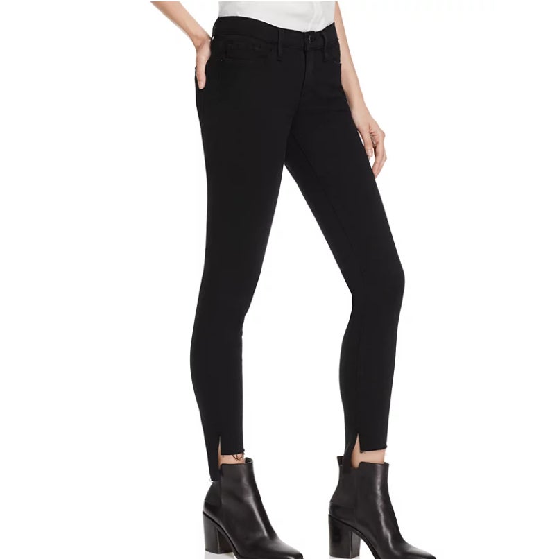 FRAME Le Skinny De Jeanne Raw Stagger Mid Rise Cropped Skinny Jean 28" Film Noir