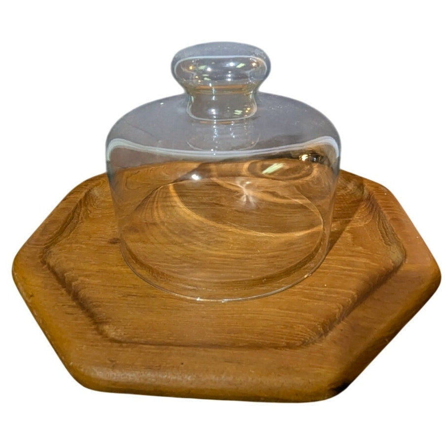 Gailstyn-Sutton Teakwood Cheese Board Glass Dome Octagon Vintage MCM