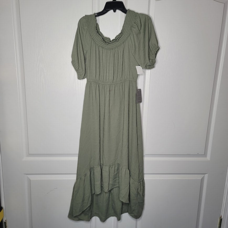 NEW Superfoxx Size Large Sage Green Midi Peasant Dress Off Shoulder Short Sleeve