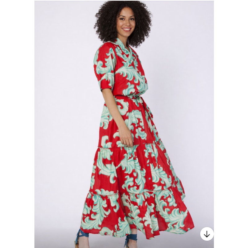 Alcee Short Puff Sleeve Maxi Dress Collar  Detachable Belt Crimson Mist Baroque