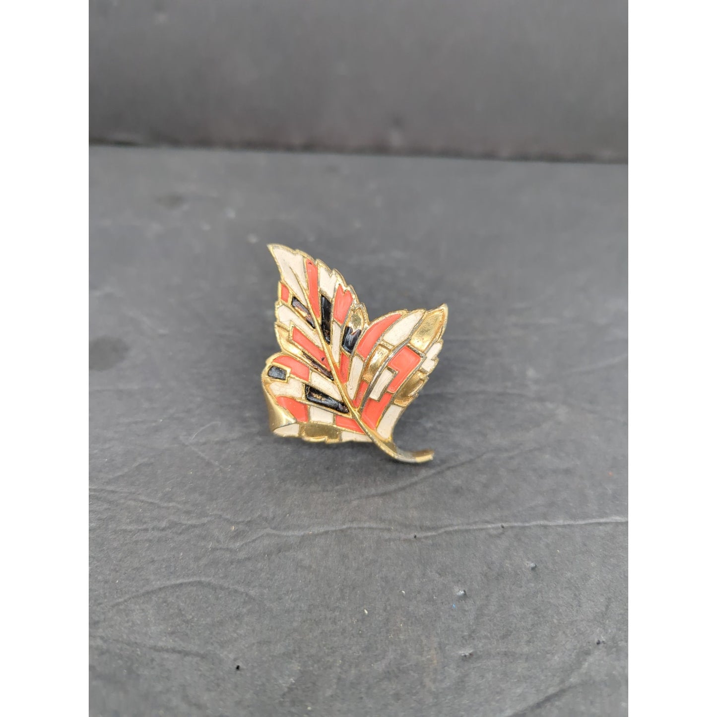 Vintage 1960s Enamel Leaf Brooch Pin Brown Orange Gold Tone Accent