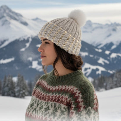 DKNY Flat-Stud Metallic Rib-Knit Beanie Hat PomPom White Gold Sparkles