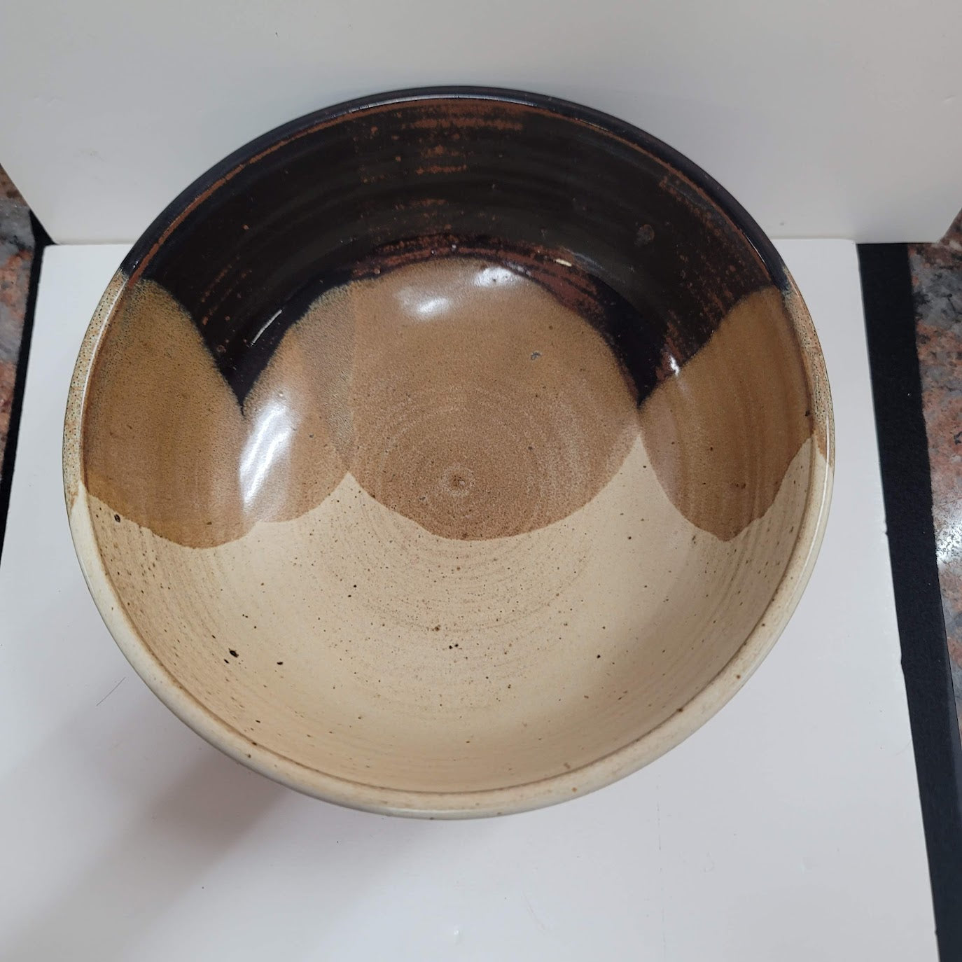 Handmade 1980s art pottery earthtone Signed Rusty 80 bowl 9" Brown Cream Tan