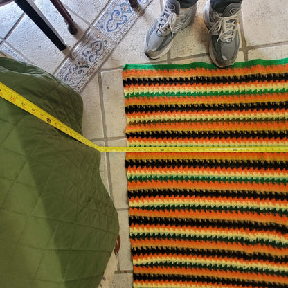 Handmade Wool throw 1970s FLAME Brown Yellow orange Green Gold CABIN 42" x 56"