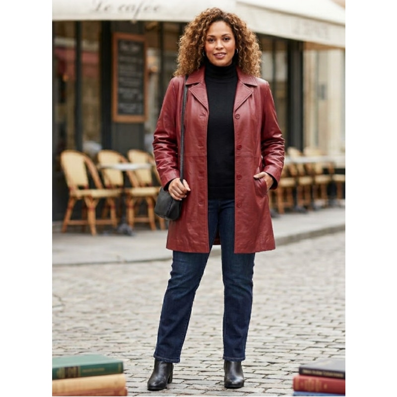 Vintage Woman Within Red Leather Button Front Mid Length Trench Coat Jacket 14W