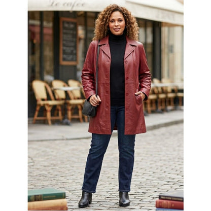 Vintage Woman Within Red Leather Button Front Mid Length Trench Coat Jacket 14W