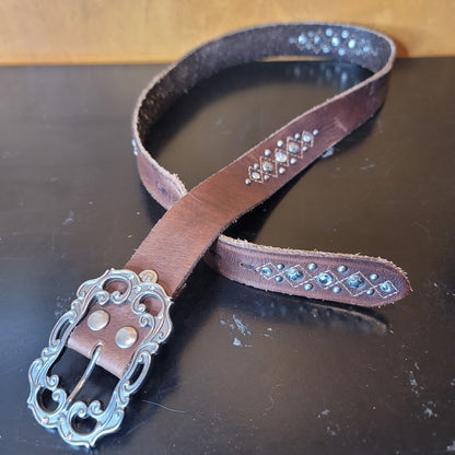 BKE Genuine Leather Large Belt Brown Studded Silver Buckle Boho Western