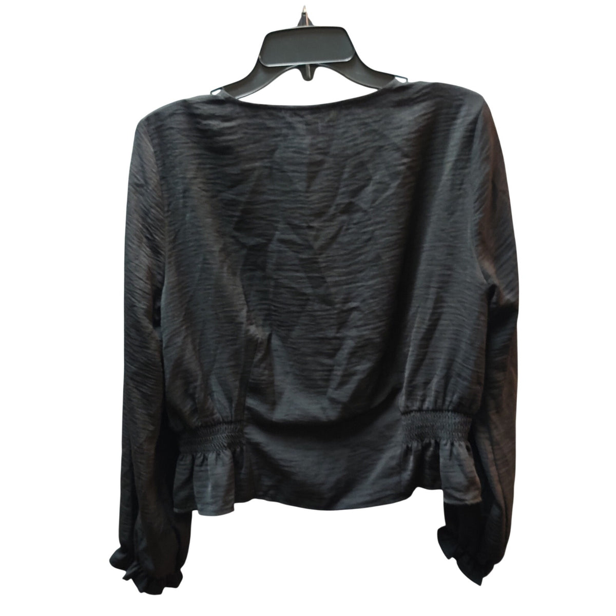 Topshop Black V-Neck Long Sleeve Blouse Textured Peplum Casual Elegant US 8