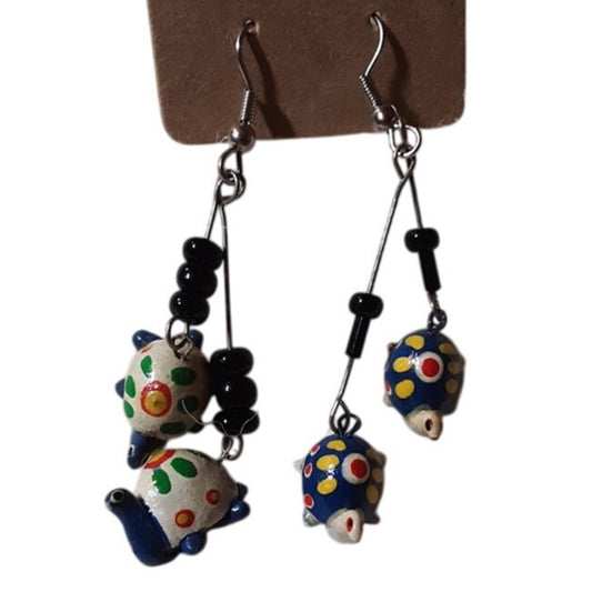 Artisan HANDMADE Earrings Black Seed Beads Dangle  French wire TURTLES