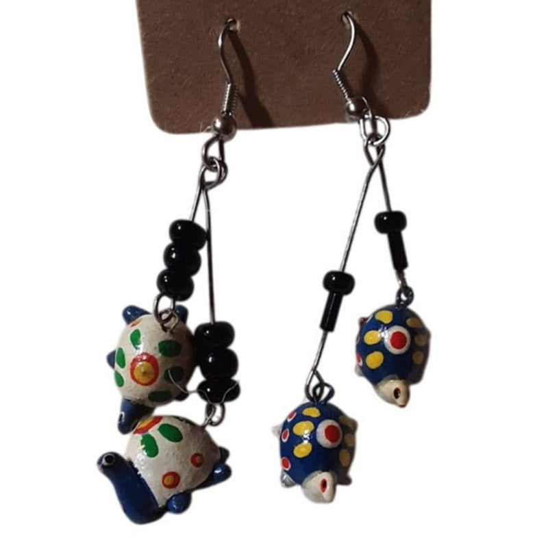 Artisan HANDMADE Earrings Black Seed Beads Dangle  French wire TURTLES