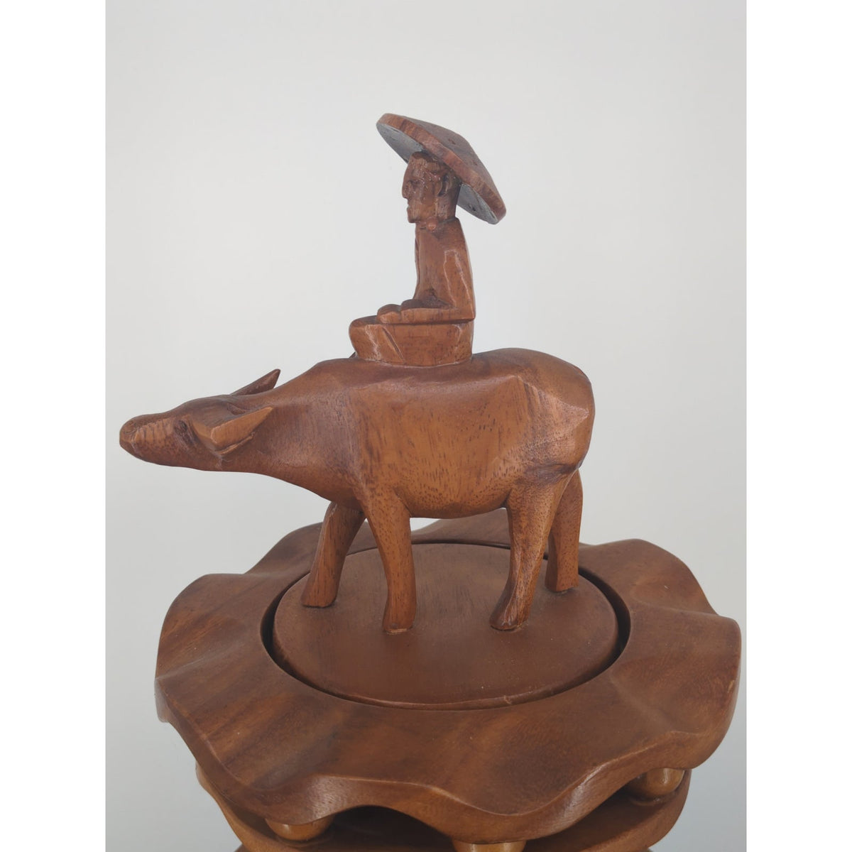 Vintage MCM Hand-Carved Wooden 3-Tiered Serving Stand with Water Buffalo Topper