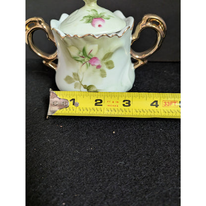 Vintage Lefton Green Rose Lidded Sugar Bowl Porcelain Gold Gilt 3066