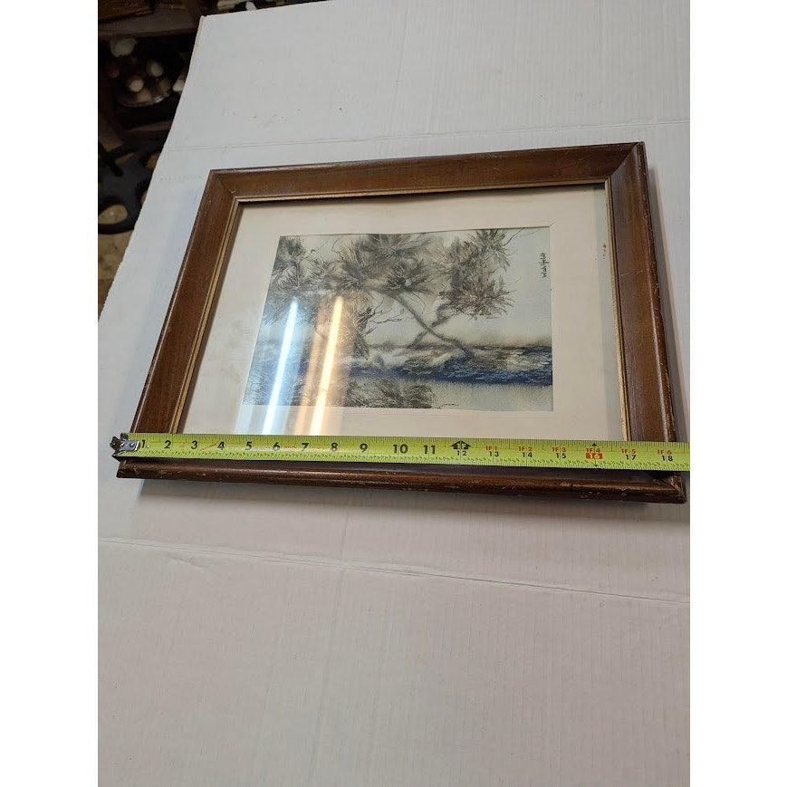 Framed Original Sumi-e Watercolor Pine Tree Landscape Painting Signed Wahlfelt
