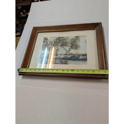 Framed Original Sumi-e Watercolor Pine Tree Landscape Painting Signed Wahlfelt