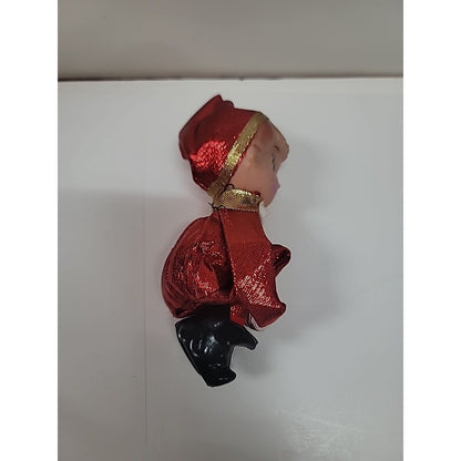 Vintage SMILING Kneehugger Red Gold Metallic Christmas Sitting Elf Ornament