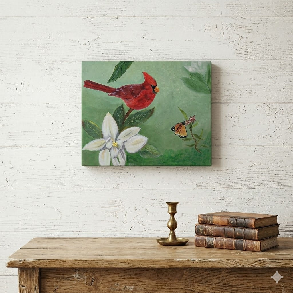 12" x 16" Rustic Cardinal Bird Painting Cottage Farmhouse Nature Canvas Wall Art