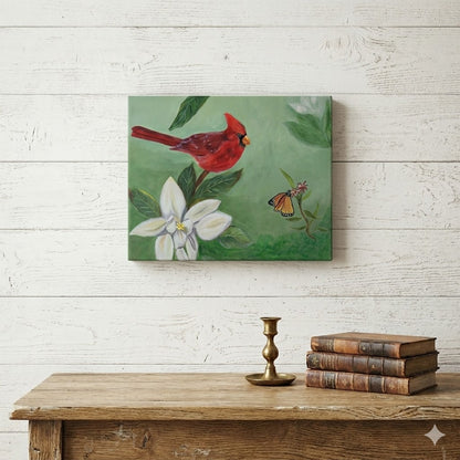 12" x 16" Rustic Cardinal Bird Painting Cottage Farmhouse Nature Canvas Wall Art