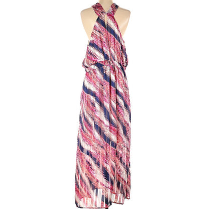 NWT Chelsea28 Halter Chiffon Maxi Dress in Pink-Purple Abstract Stripe Sz XS