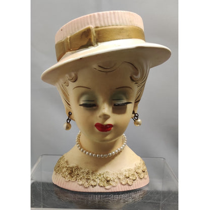 MCM Kitsch Planter Cream Hat Gold Trim Lady Headvase Retro Ceramic Decor Vase