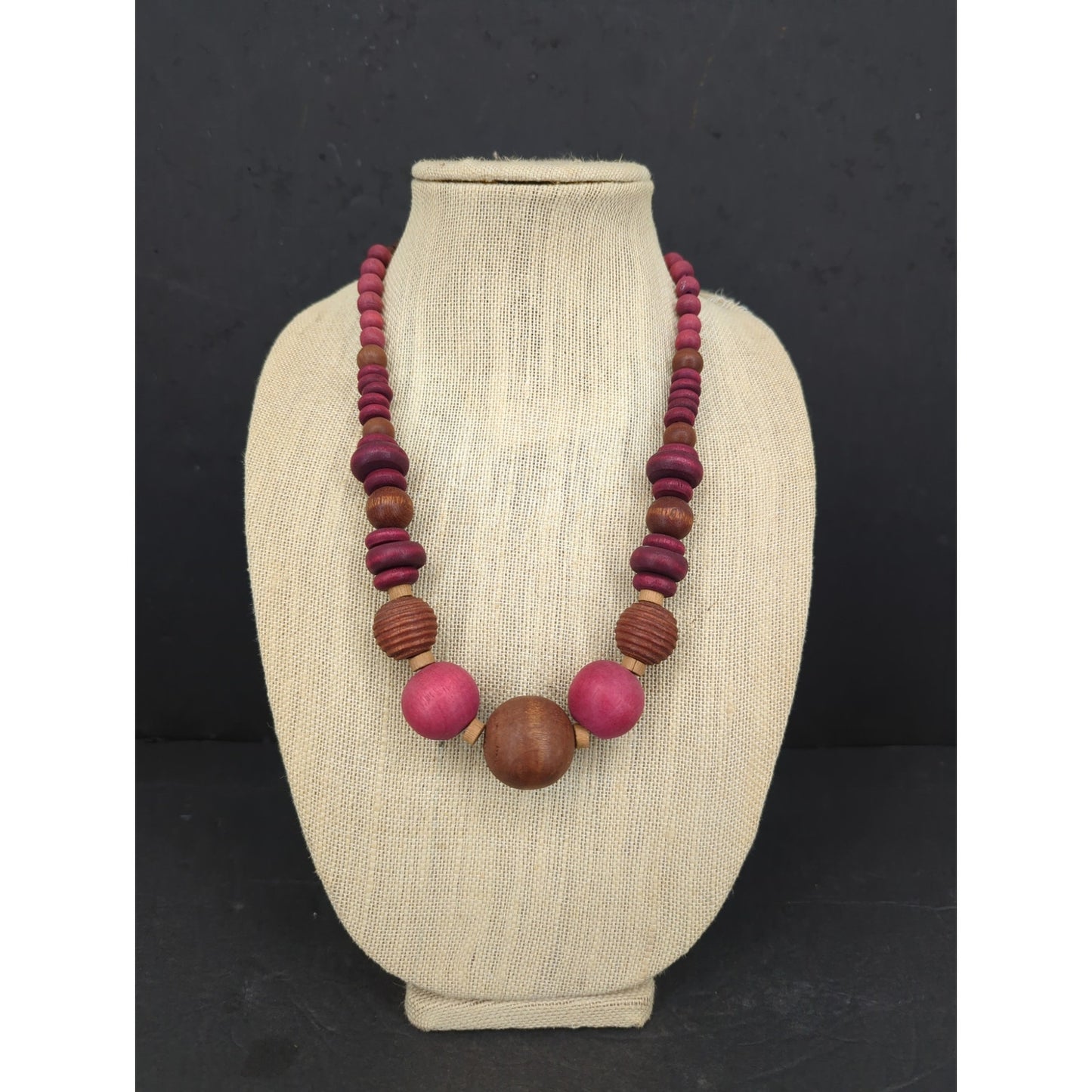 Vintage Chunky Wooden Bead Statement Necklace Pink & Brown Mid-Century Boho Chic