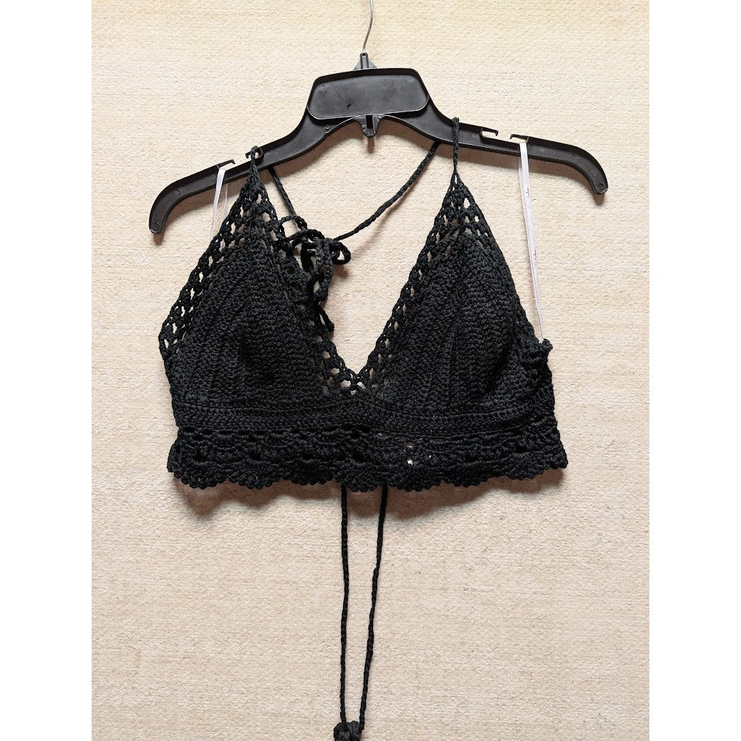 Let's Run Away Black Crochet Crop Top Lulus Black NEW Medium