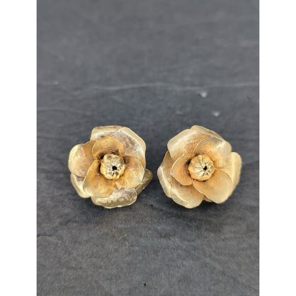 Vintage Gold Tone Openwork Flower Brooch Pins Set Pair Mid-Century Retro