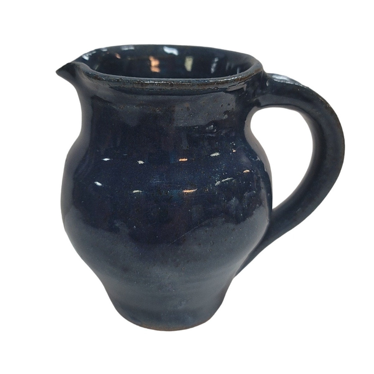Tiny blue pitcher vase art pottery signed 1990 4" tall with handle