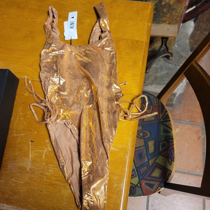 The Bikini Lab One Piece Swimsuit Bathing gold skimpy coverage XS Side strings