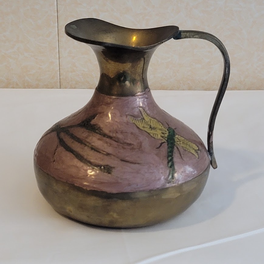 Vtg Brass DRAGONFLY Flower Enamel Cloisonne Champleve Pitcher Vase 4'' India