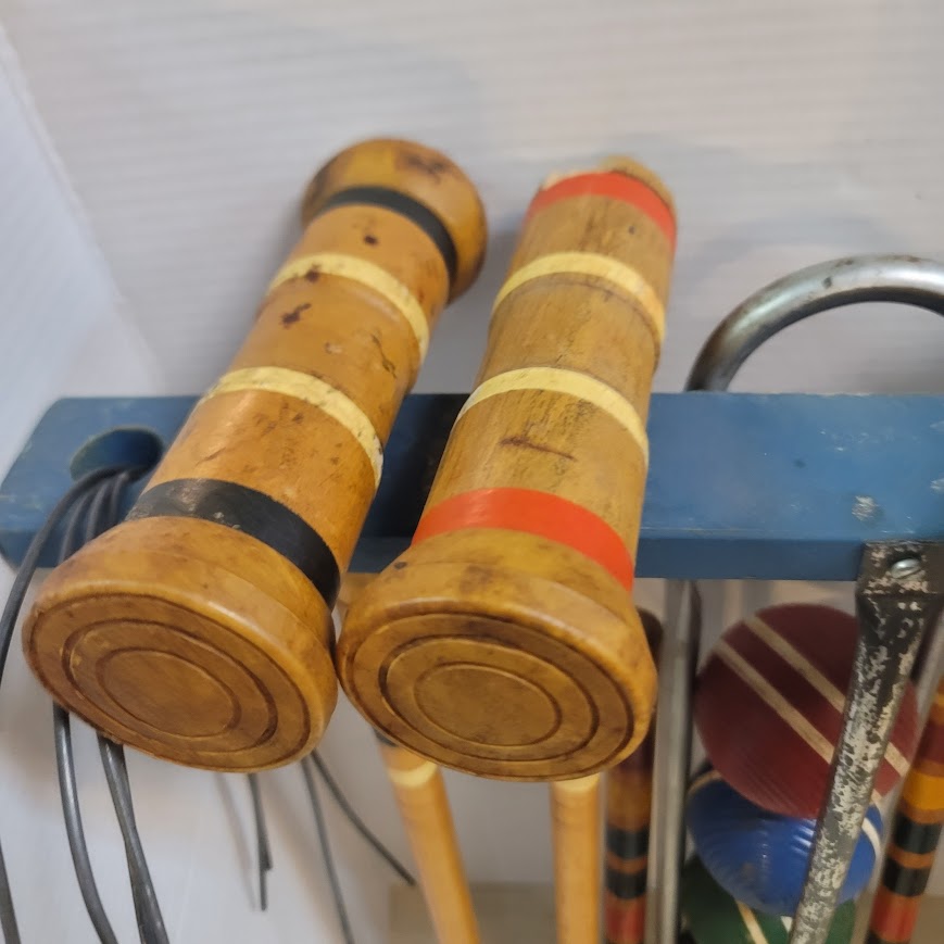 Vintage Wooden Croquet Set with Blue Storage Stand Lawn Classic Game