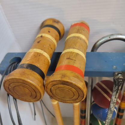 Vintage Wooden Croquet Set with Blue Storage Stand Lawn Classic Game