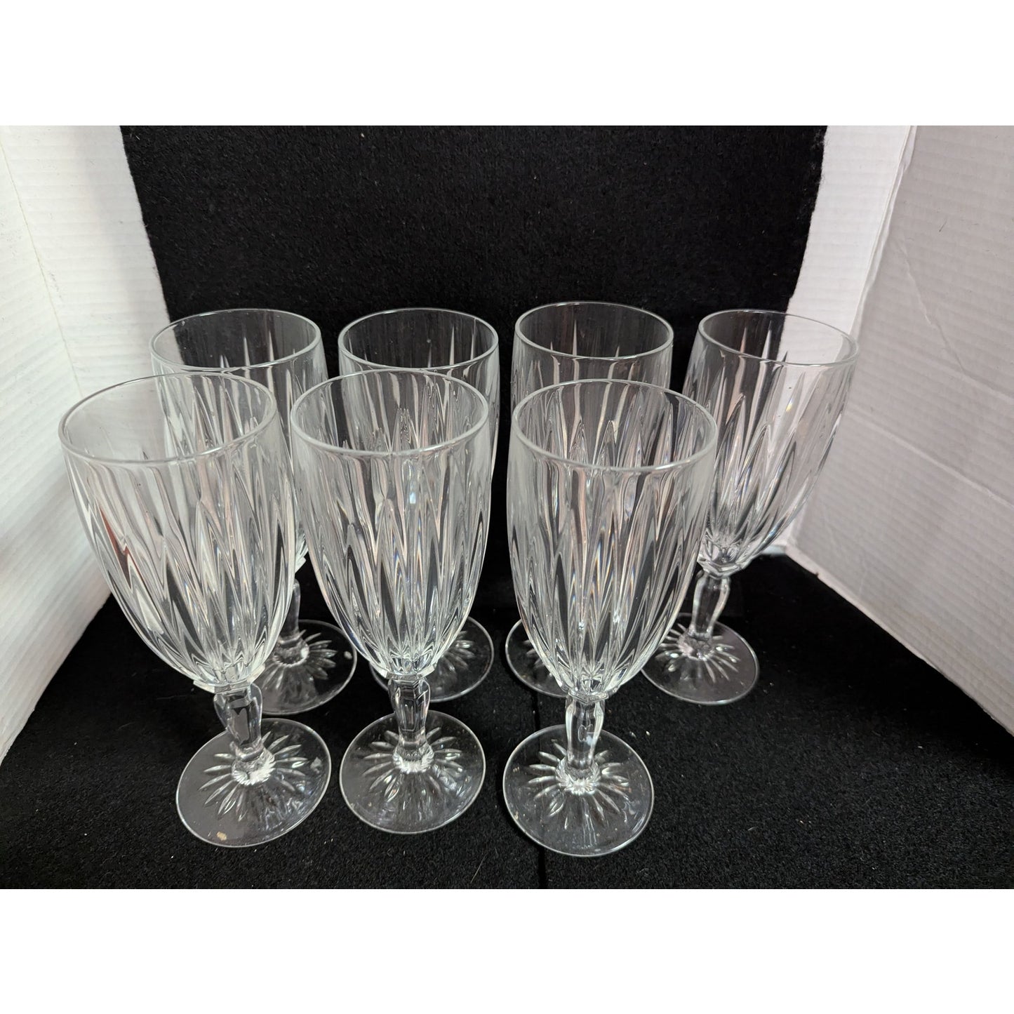 Vintage Clear Crystal Cut Tulip Stemmed Wine Glasses - Set of 7