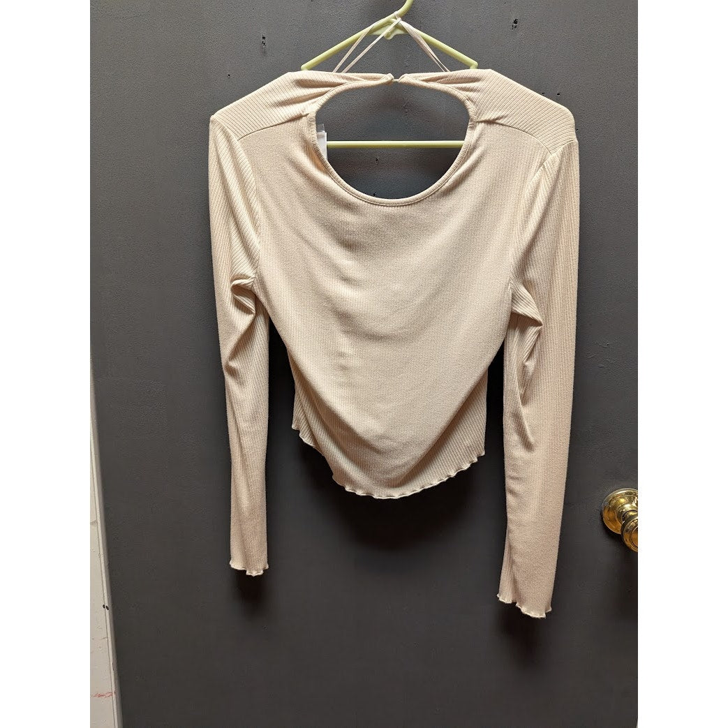 Elodie Size Large ribbed top blouse scoop neck cut out back cropped lettuce edge
