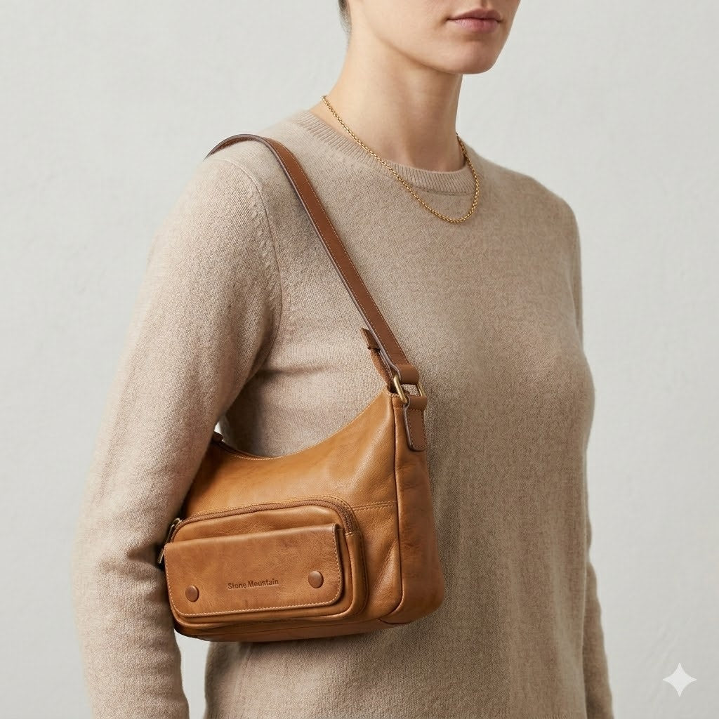 STONE MOUNTAIN leather shoulder tan bag purse Zip and front pouch Key ring