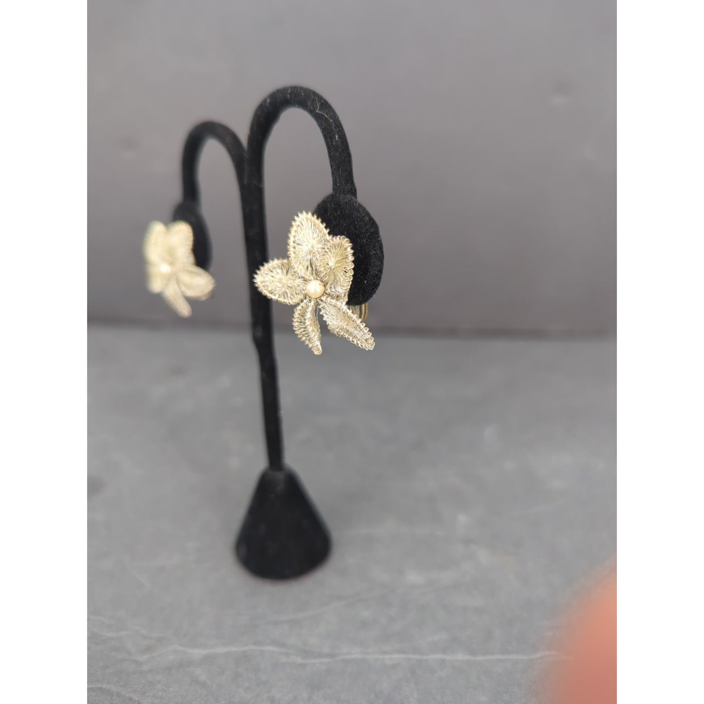 Vintage Gold Flower Clip On Earrings Mid-Century Open Work Textured Retro