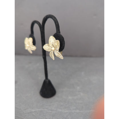 Vintage Gold Flower Clip On Earrings Mid-Century Open Work Textured Retro