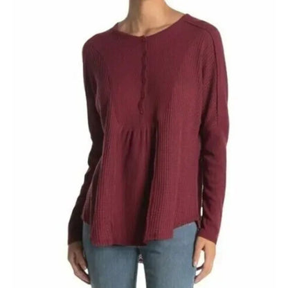 Gibsonlook Women's Mixed Ribbed Waffle Knit Henley Top Burgundy LARGE MSRP $50