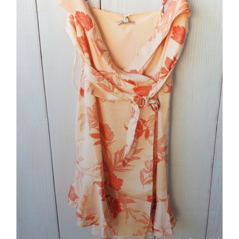 GUESS Margo Floral-Print Wrap Dress floral tie front satin silky orange mini XS