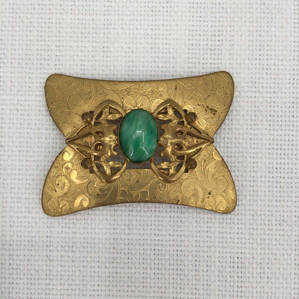 Art Nouveau brass faux apple green jadeite jade glass cabochon brooch pin French
