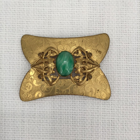 Art Nouveau brass faux apple green jadeite jade glass cabochon brooch pin French