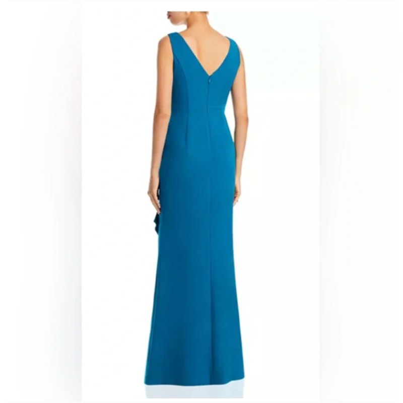 Eliza J Size 10 Laguna Teal Stretch Crepe Ruffle Slit Formal Gown Wedding event