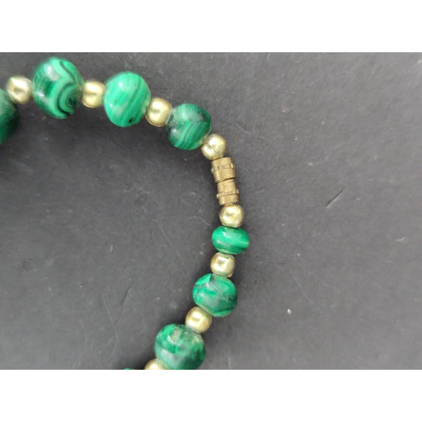 Vintage Green Malachite Style Beaded Strand Necklace Gold Accent Jewelry