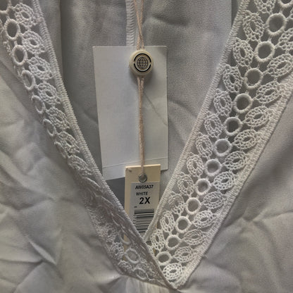 Max Studio White Lace-Trim V-Neck Blouse: Breezy Casual Short Sleeve Top Size 2X