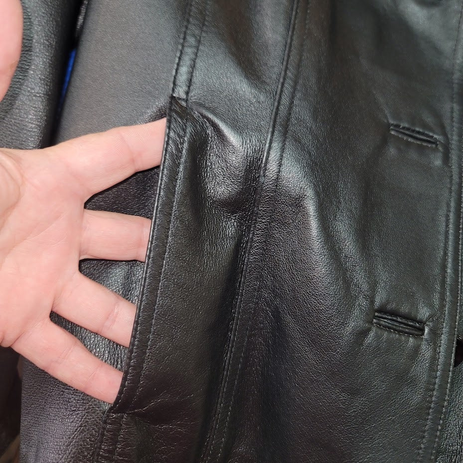 EAST 5TH Vintage Black Leather Jacket Coat Size Large Lined Pockets 3 Button