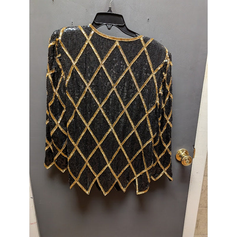 Vintage SCALA Evening black sequin formal top jagged hem 80s XL Handstitch SILK